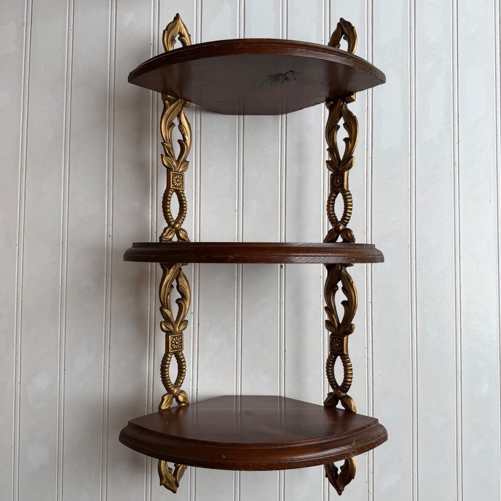Vintage 3 Tier Sexton Corner Wall Shelf Ornate Gold Scrollwork Wood Display Rack